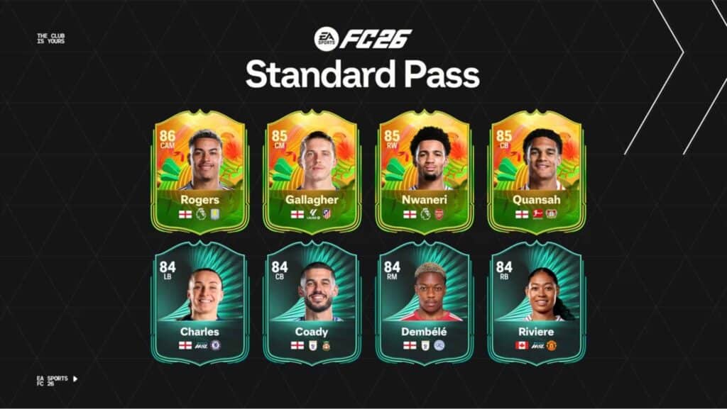 Premi di EA Sports FC 26 Standard Season Pass che mostrano i giocatori di Rogers, Gallagher, Nwaneri, Quansah, Charles, Coady, Dembele e Riviere.