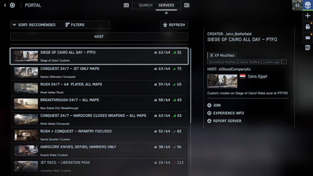 Browser del server Battlefield 6 che mostra modalità di portale personalizzate come Assedio del Cairo e Conquista 24 ore su 24, 7 giorni su 7