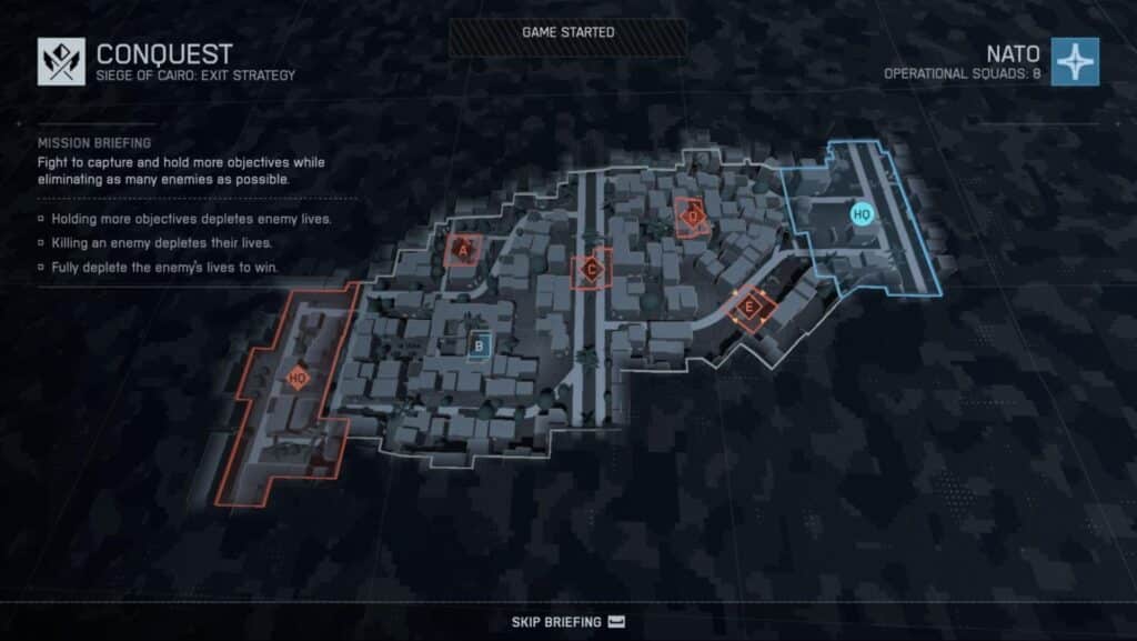 Conquest mode mission briefing showing the Siege of Cairo: Exit Strategy map in Battlefield 6