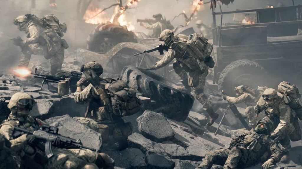 Soldiers in combat gear navigate a war-torn urban landscape in BF 6