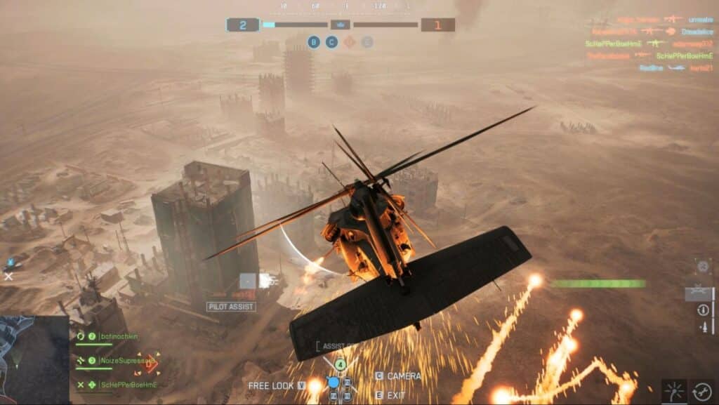 A helicopter in a desert battlefield during Battlefield 6 game scene, firing flares