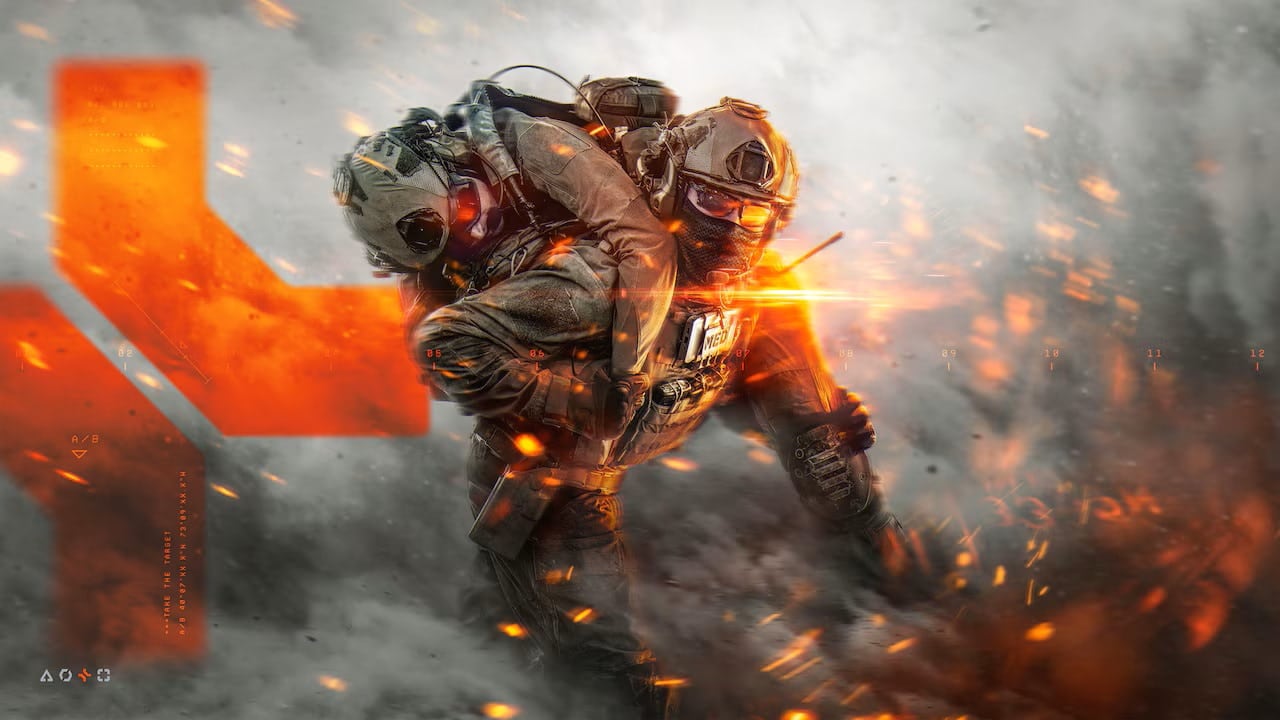 Soldados com equipamento tático correm por um campo de batalha ardente e cheio de fumaça em Battlefield 6.