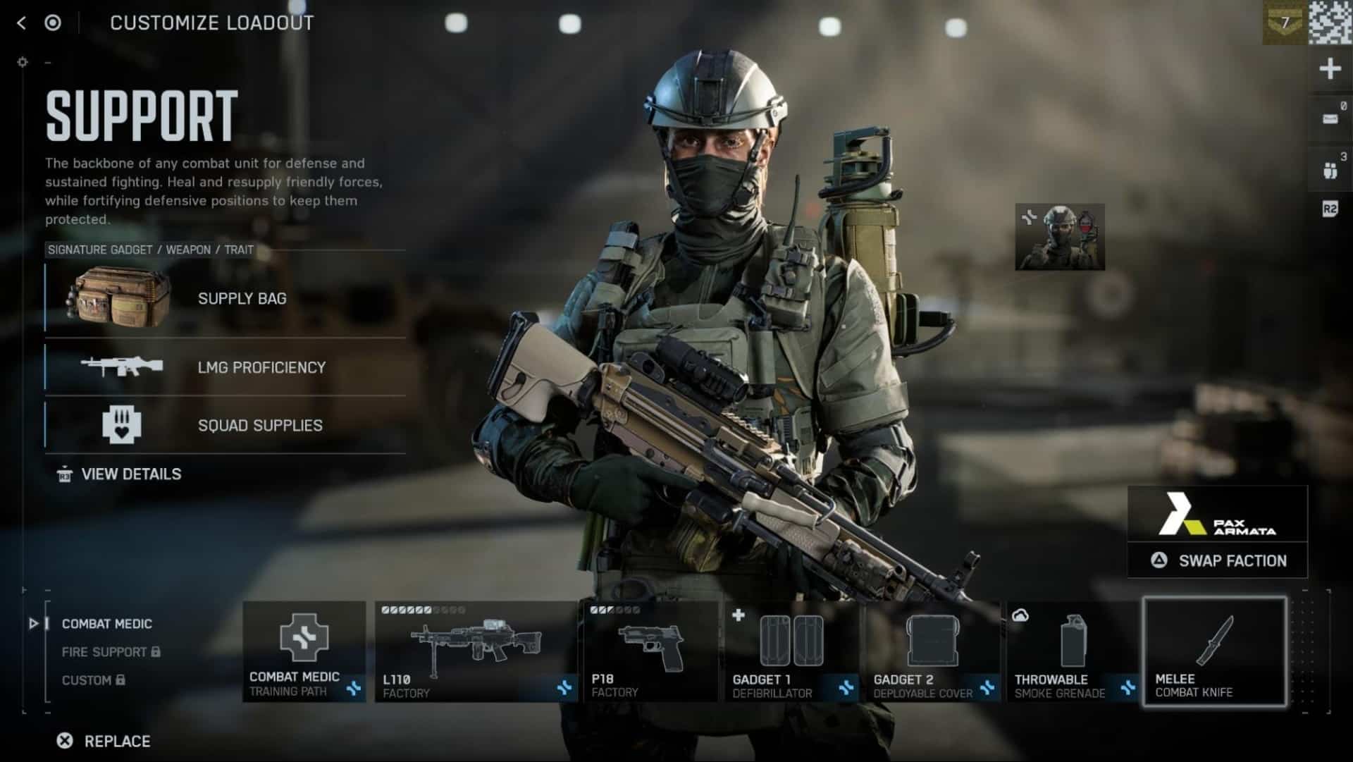 Personagem de suporte do Battlefield 6 com equipamento tático e segurando um rifle.