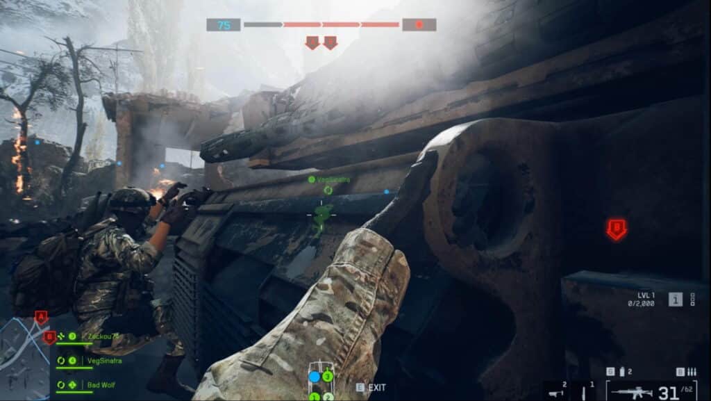 Soldiers taking cover behind a tank during combat in Battlefield 6