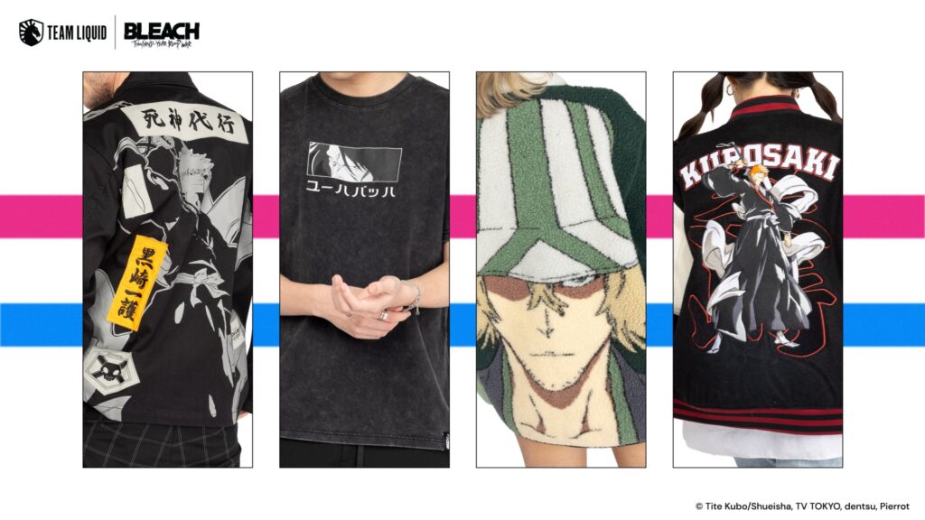 Team Liquid and BLEACH: Thousand Year Blood War apparel collaboration featuring shirts and jackets 
