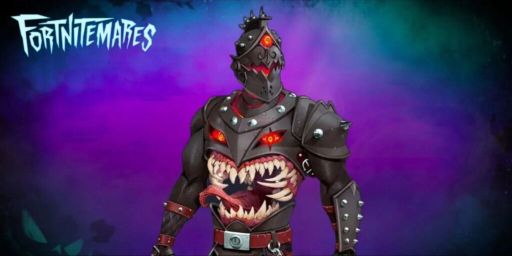 The Dark Maw skin from Fortnite featuring black armor with a monstrous mouth on the torso and glowing red eyes