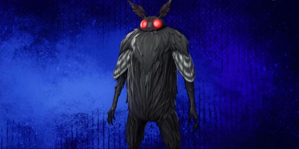 The Mothman skin from Fortnite featuring a dark furry body with glowing red eyes and moth-like wings