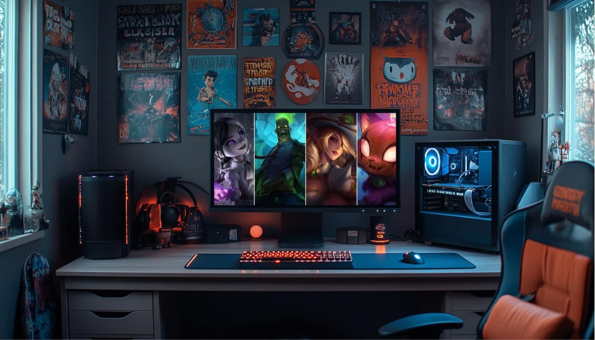 Cozy gaming setup with colorful LED-lit PC and monitor displaying LoL characters