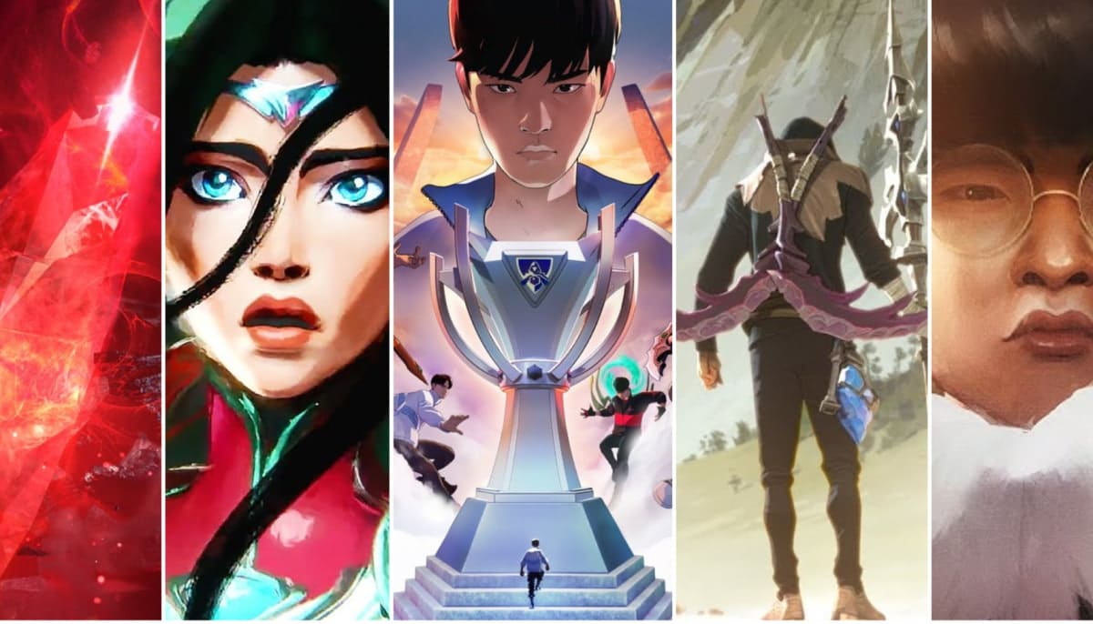 Bright and dynamic collage of five segments, featuring warriors, trophies, and vibrant colors