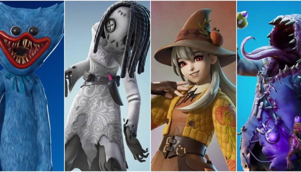 A lineup of Fortnite Halloween skins including Huggy Wuggy, Willow, Lexa Hexbringer, and Big Mouth