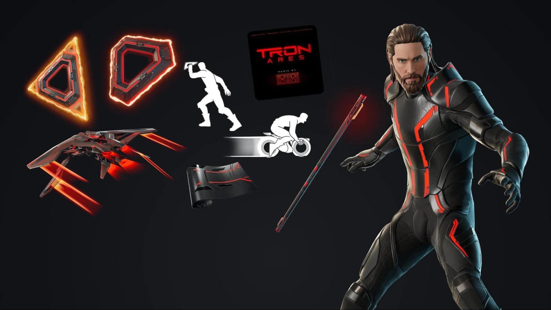 Tron Ares in a sleek, dark bodysuit with glowing red accents stands ready