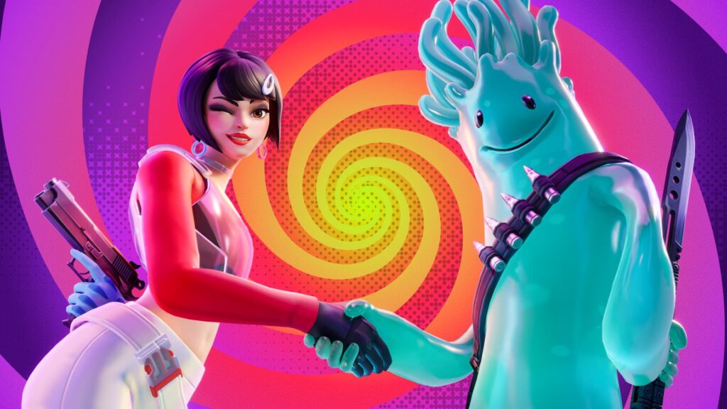 Two Fortnite characters shaking hands in front of a colorful spiral background