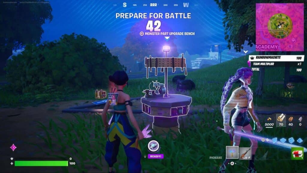 Giocatore alla panchina del parto di mostri in modalità di corsa demone di Fortnite