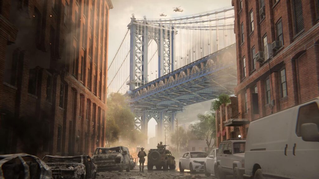 Soldiers advance through a destroyed city street beneath a large bridge in Battlefield 6