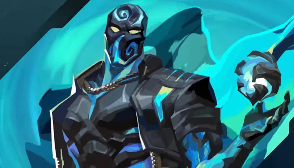 Artwork of Veto, the sentinel agent from VALORANT, showing his armored design and glowing energy orb