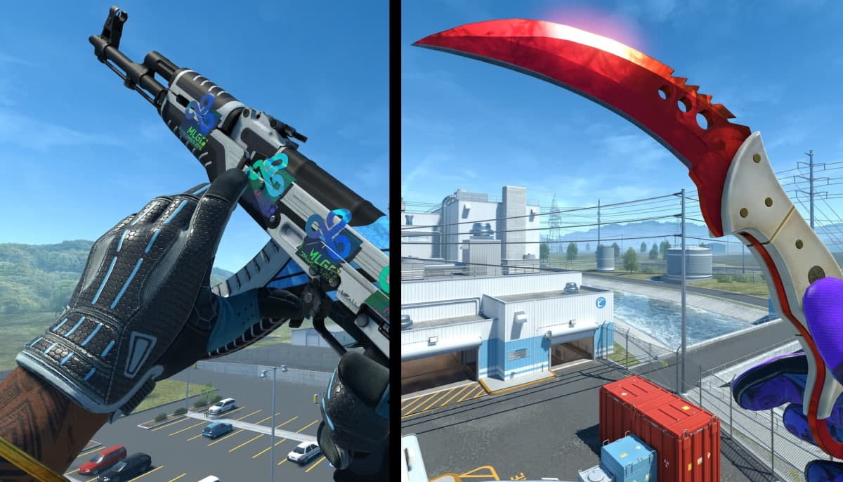 A split image shows a gloved hand holding a rifle with blue decals on the left, and a bright red karambit knife on the right in CS 2