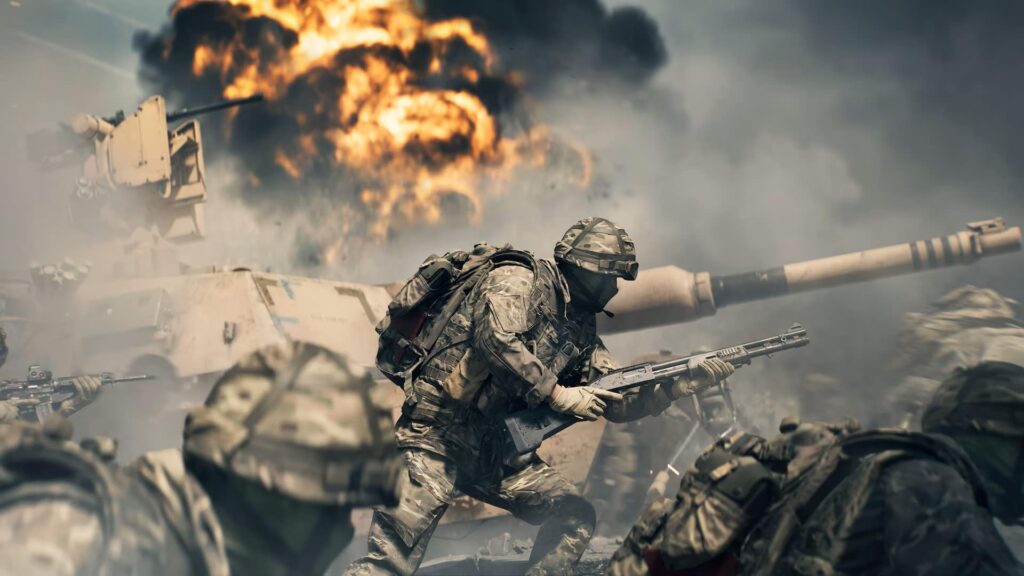 A soldier in camouflage gear crouches with a rifle amid a smoky field in BF 6
