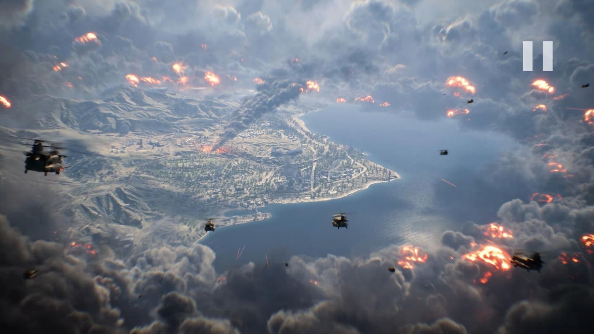 Aerial view of a city under attack, smoke, and explosions in the sky, helicopters approaching in BF 6