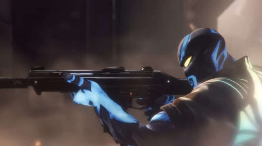 Veto aponta seu rifle durante uma batalha acalorada em VALORANT.