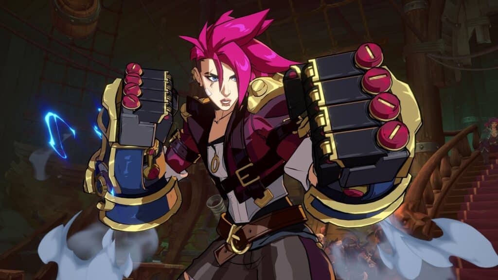 Vi powers up her gauntlets and charges forward in 2XKO