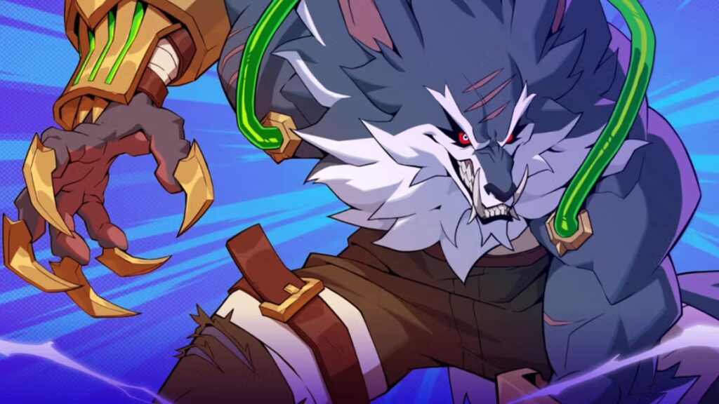 Warwick snarls and lunges forward with glowing claws in 2XKO