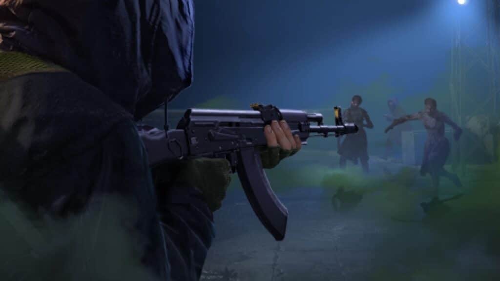 Promotional art from Warzone Battle Royale Casual with hooded figure aims a rifle at oncoming zombies enveloped in green mist