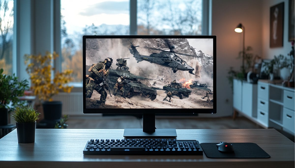 A desktop monitor displays battlefield 6 scene with soldiers, tanks, and helicopters in action