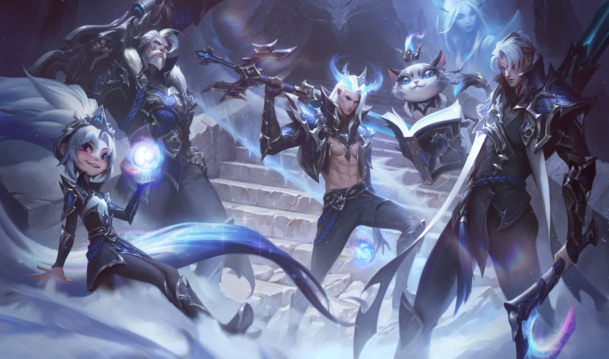 A group of LoL characters poses heroically on icy steps