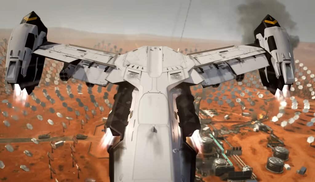 Un aereo futuristico sorvola un paesaggio simile a Marte con terreno rosso e pannelli solari in Black Ops 7