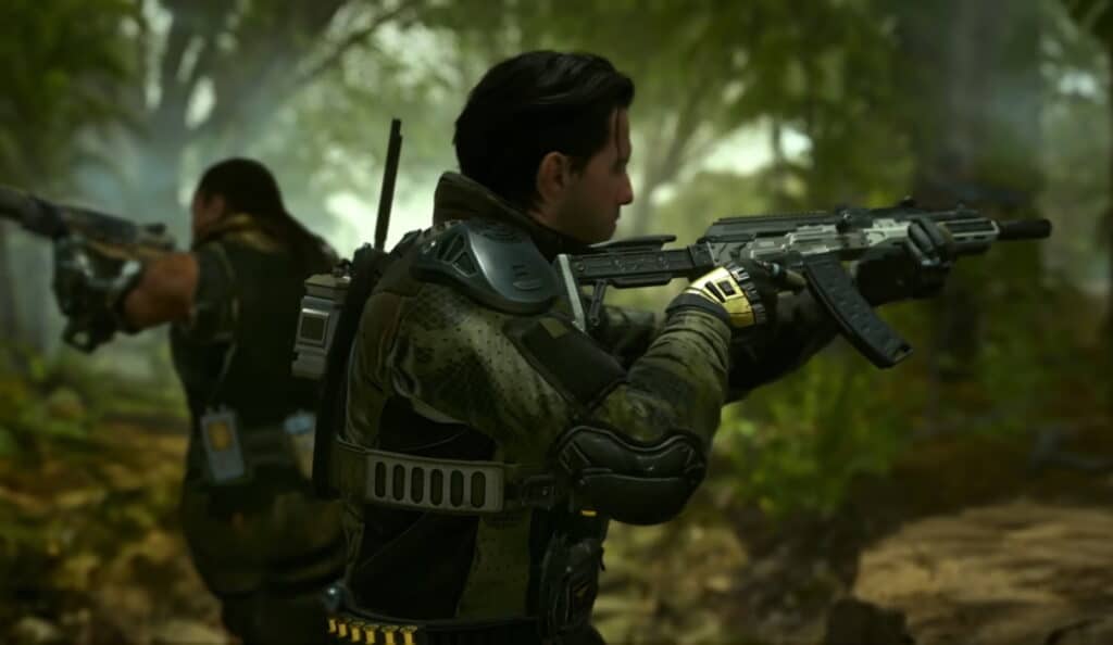 Two soldiers in tactical gear aim rifles in a dense jungle setting in Black Ops 7