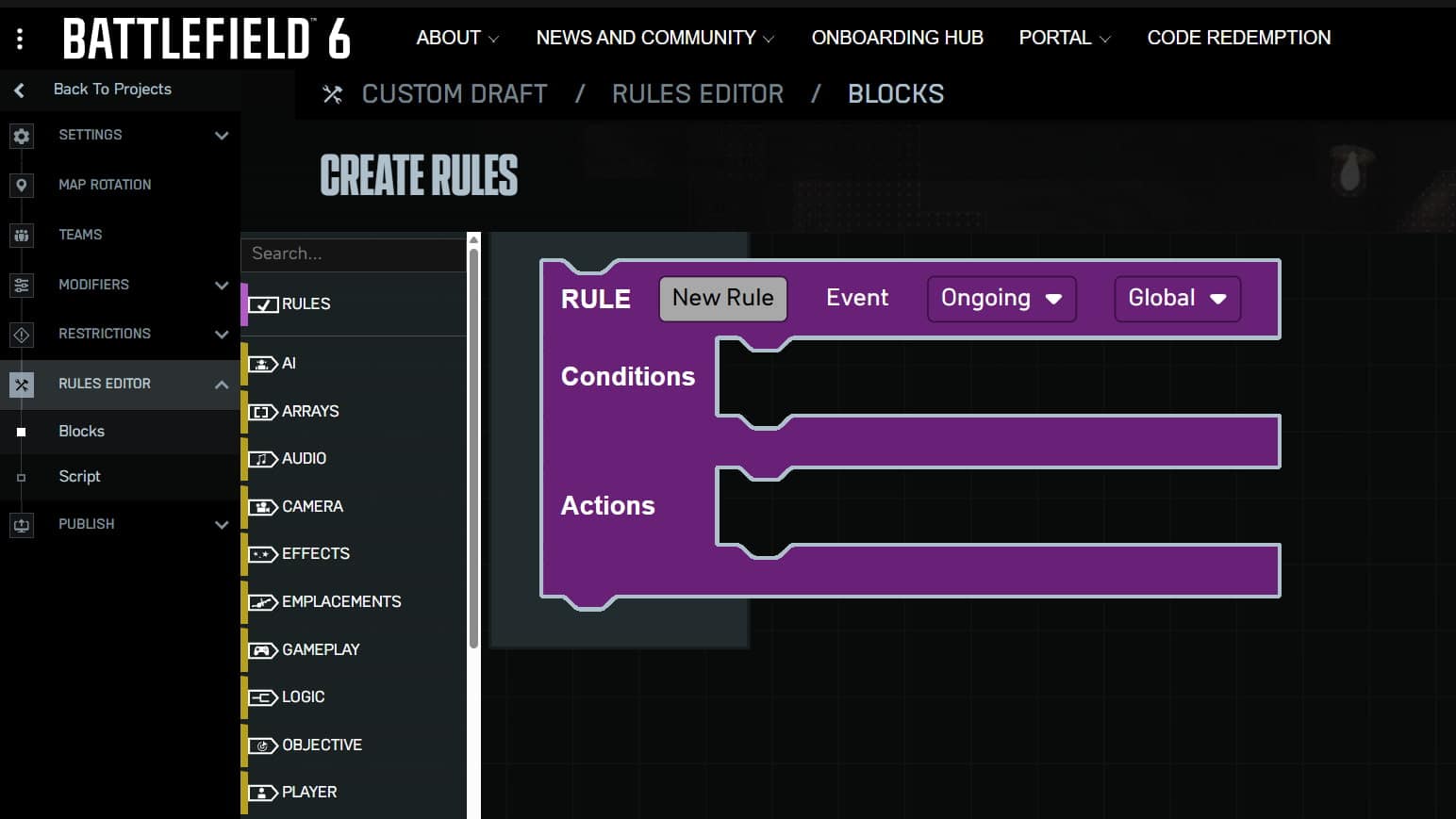 Screenshot dell'interfaccia dell'editor delle regole di Battlefield 6 che mostra un modello viola per la creazione delle regole