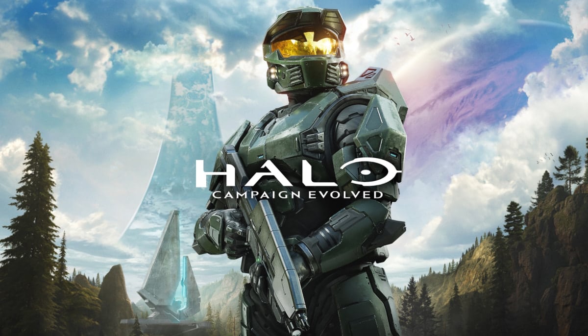 A cover art for Halo. Master Chief stands in futuristic armor, holding a weapon against a mountainous, alien landscape