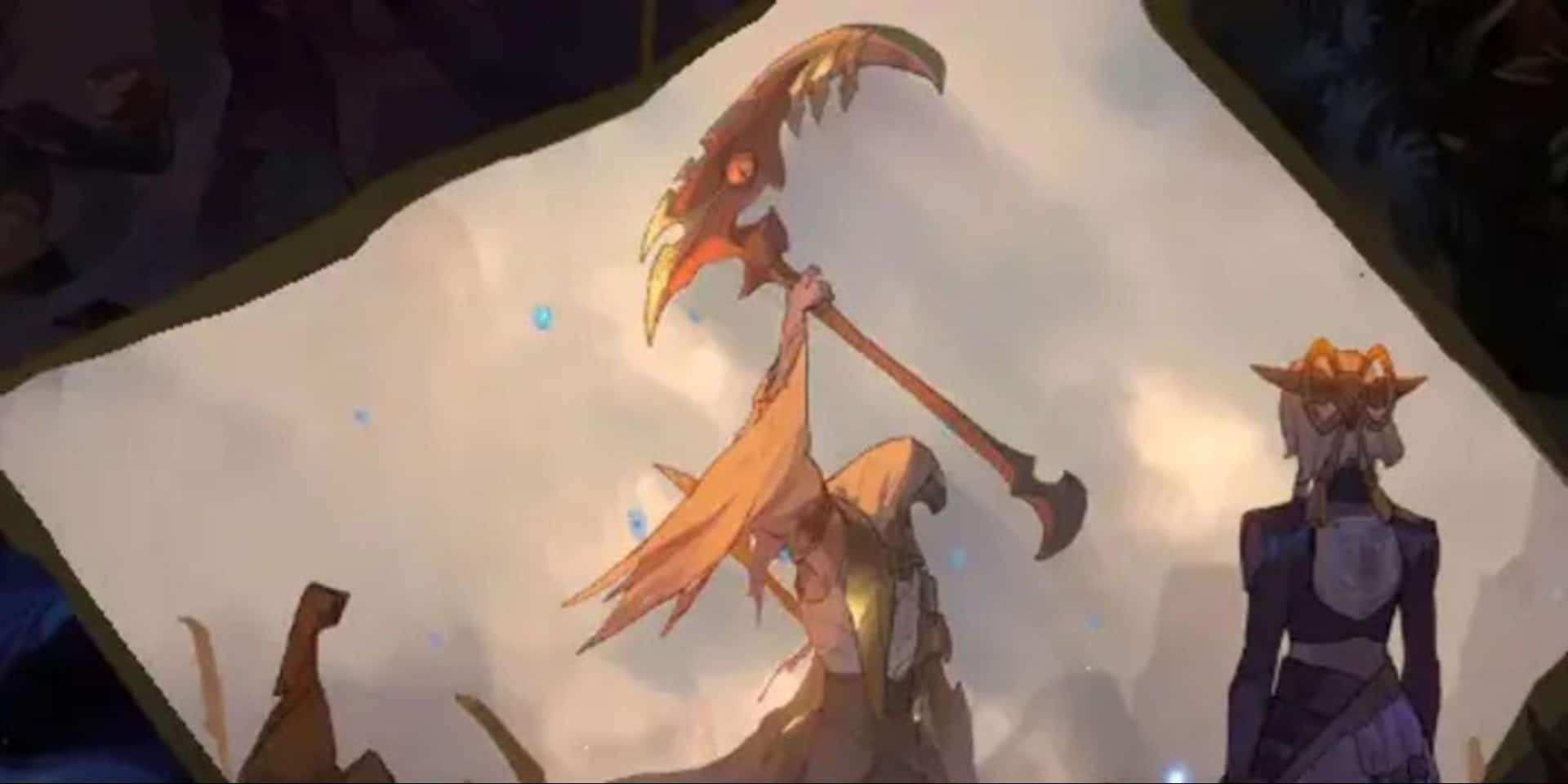 Un'illustrazione fantasy mostra Zaahen con un copricapo dorato e uno strato che scorre con una falce grande e adornata