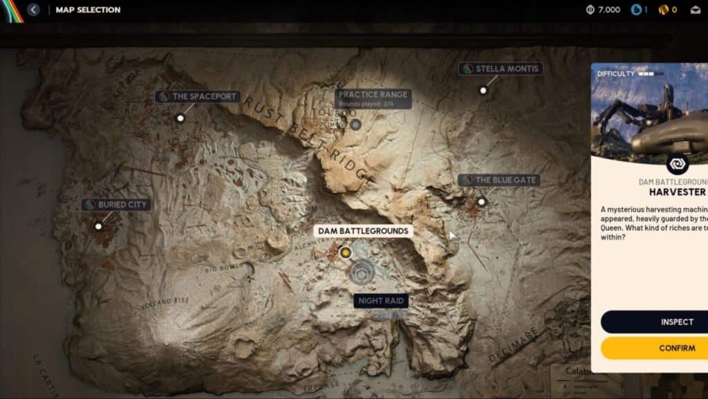 Arc Raiders map screen showing a rugged terrain with labeled locations like "Dam Battlegrounds" and "The Spaceport"