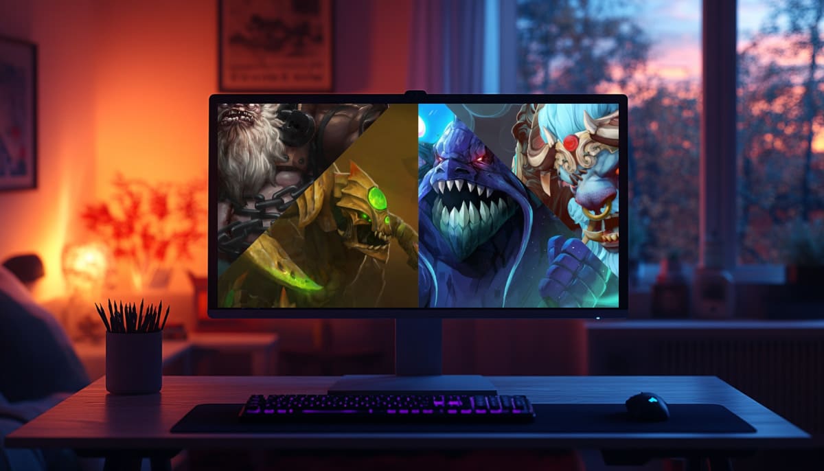 A gaming setup shows a monitor with Dota 2 characters