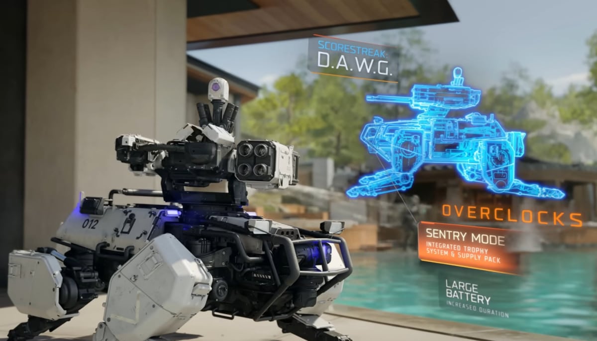 A futuristic military robot labeled "Scorestreak D.A.W.G" in Black Ops 7