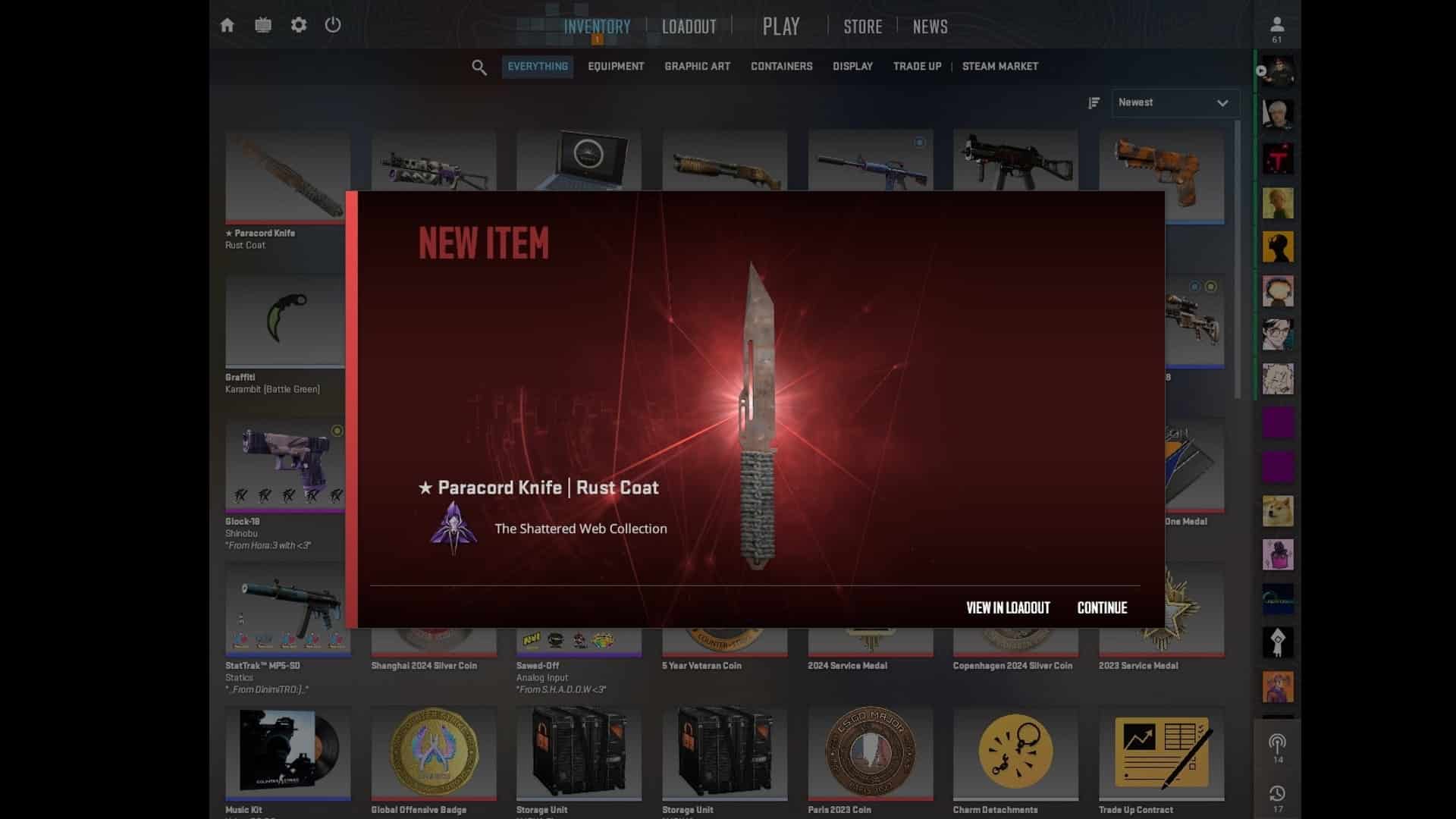 New item screen in CS 2 shows "Paracord Knife | Rust Coat" from "The Shattered Web Collection"