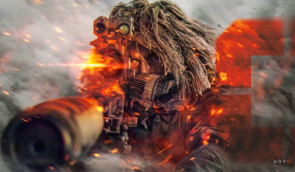 Battlefield 6 Recon sniper aiming through scope amid explosions and smoke, highlighting the importance of the Recon class.