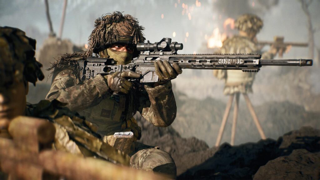 Soldier in camouflage and ghillie suit aiming a sniper rifle in BF 6
