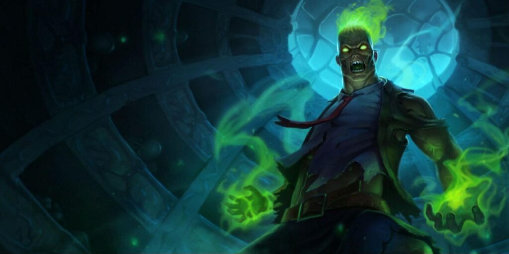 Zombie Brand with glowing green eyes and fiery hair stands in a dark, ethereal room