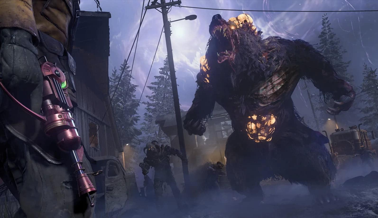 Una scena di Black Ops 7 con una creatura da orso gigante e brillante ruggisce in una foresta 