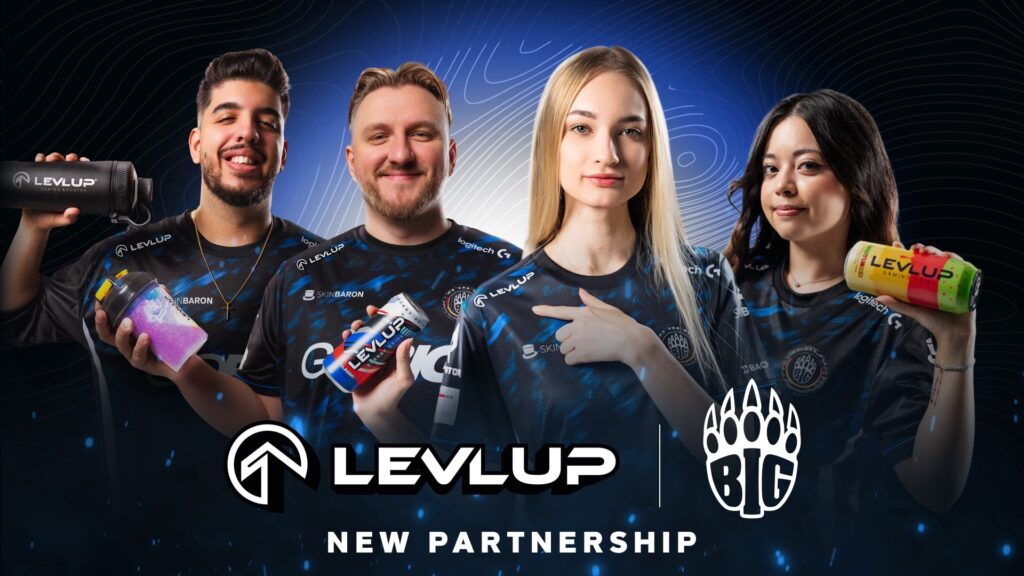 Image of BIG esports players posing while holding Levlup drink cans. The BIG and Levlup logos are in the foreground of the image