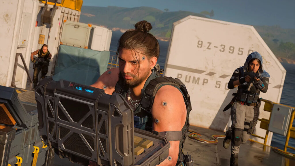 Image of Call of Duty Black Ops 7 player opening briefcase with teammates holding weapons in the background