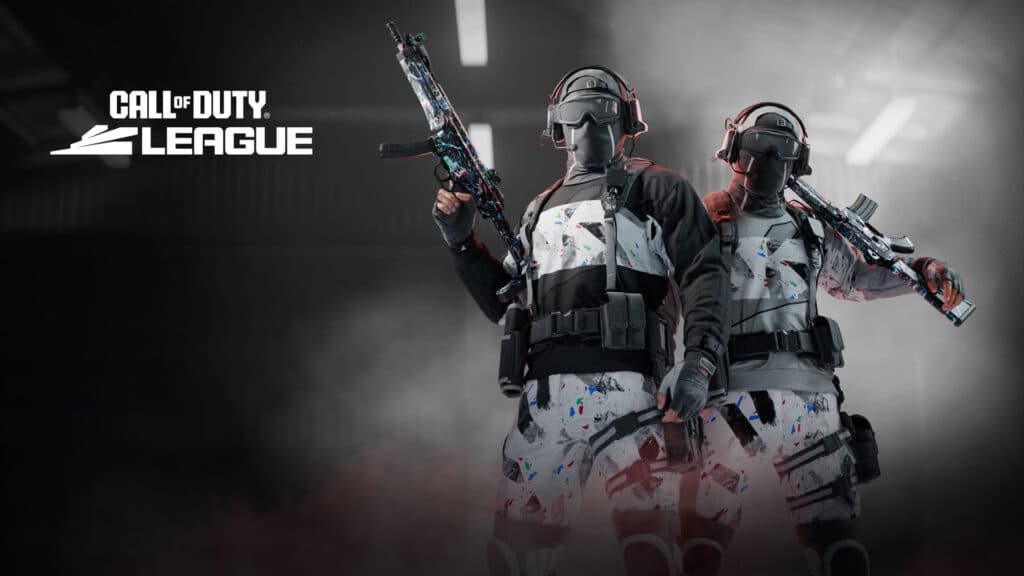 Image of Call of Duty League Operators holding weapons on a white smoke and black background