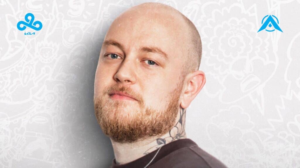 Image of Inero posing on a white background. The Cloud9 and LCS logos are in the left and right corners