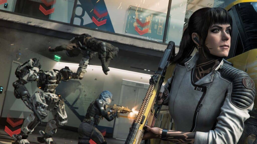 Image of Call of Duty Black Ops 7 player looking up while pointing gun to the ground. Players are fighting in the background