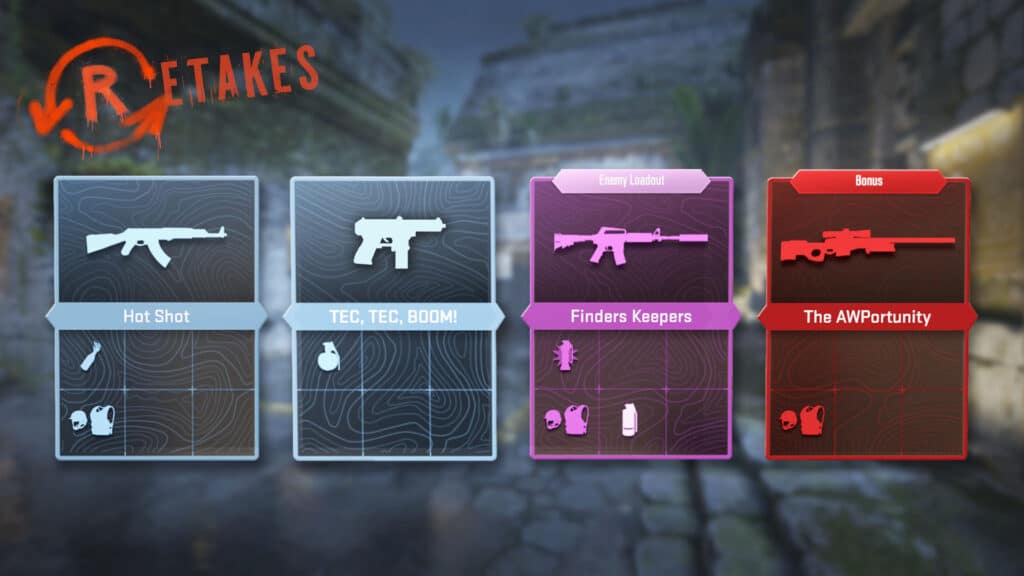 Image of Counter-Strike 2 retake game mode loadouts on a blurred background of the Ancient map