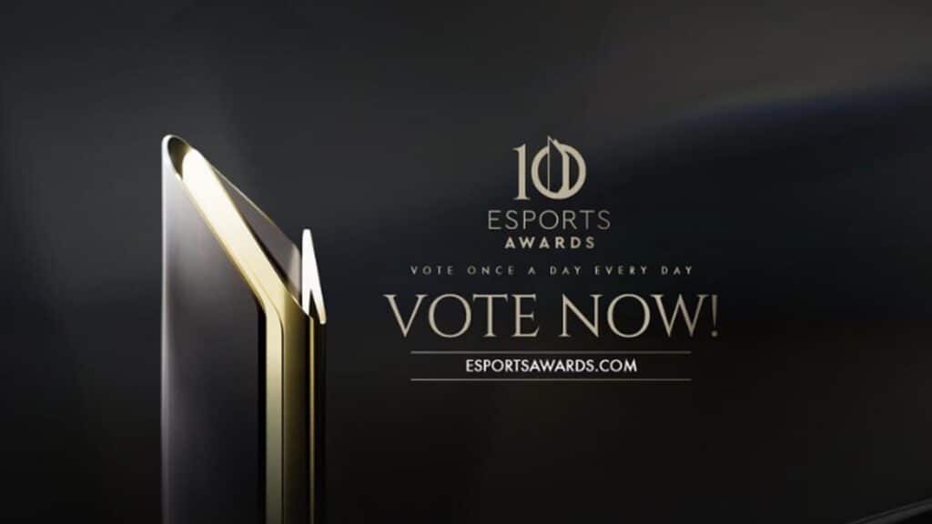 Image of Esports Awards logo on a black background. An Esports Awards trophy is on the left of the image.