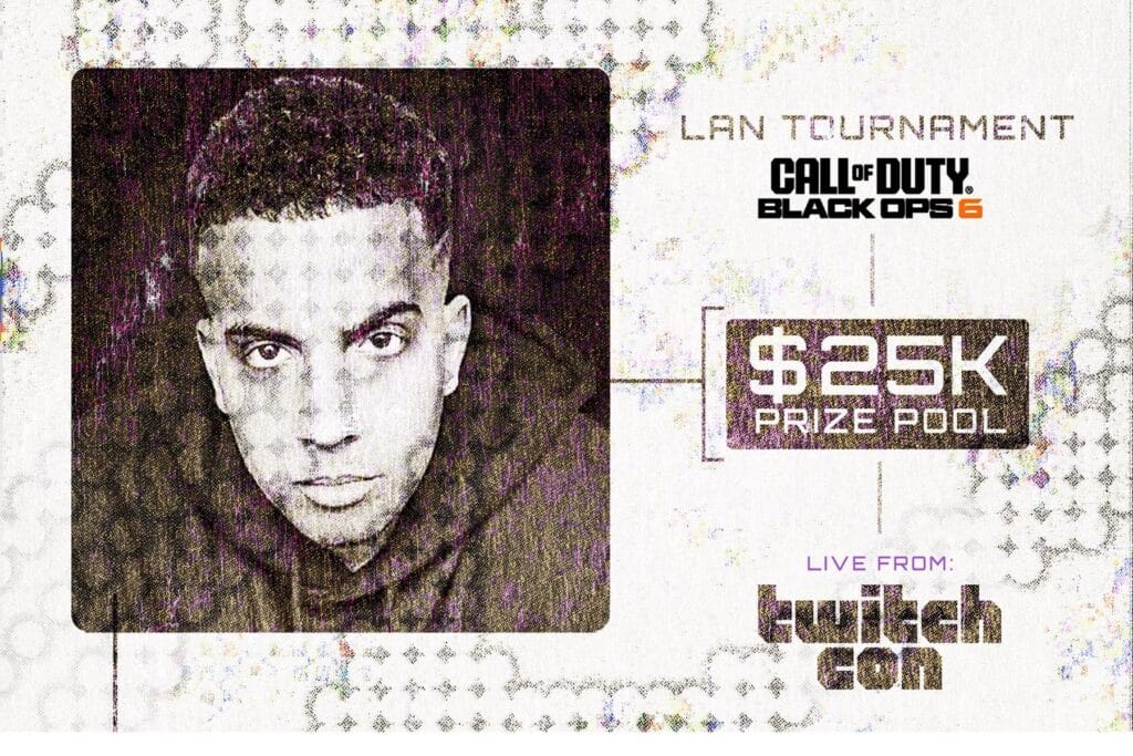 Image of FaZe Swagg on a grainy black and white background with information of a Call of Duty tournament on the right-hand side
