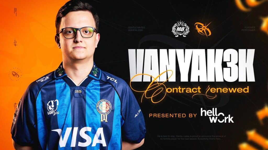 Image of Gentle Mates Fortnite player Vanyak3k standing while wearing Gentle Mates jersey on a black and orange background